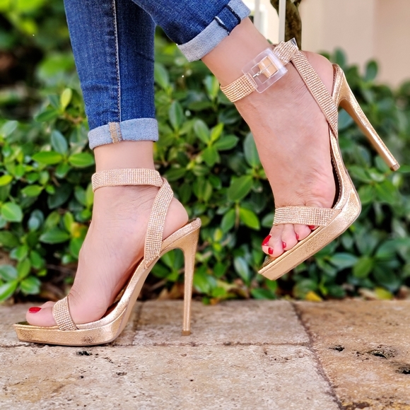 Shoes Womens Ankle Strap Rhinestone High Heels Pointy Toe Rosegold